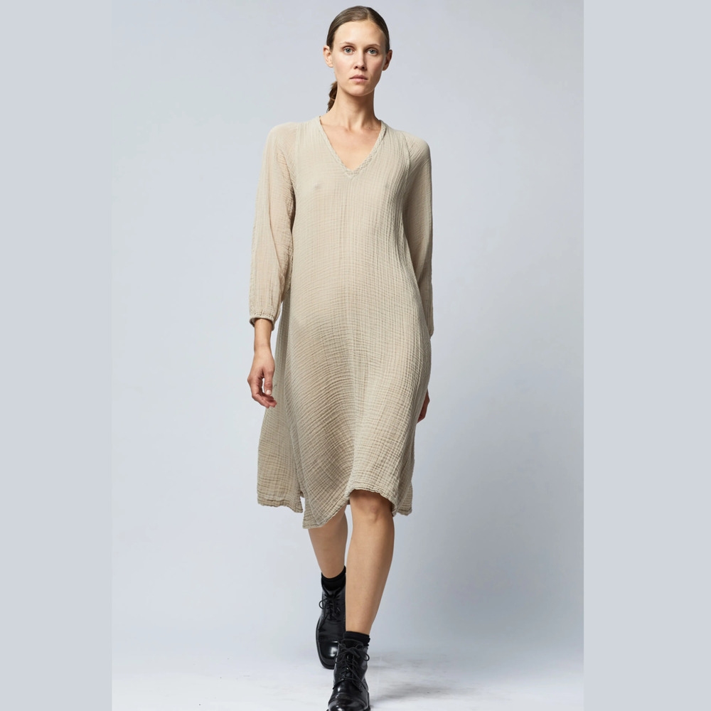 Raquel Allegra Women's Cotton Gauze Vneck Dress in natural beige size 0